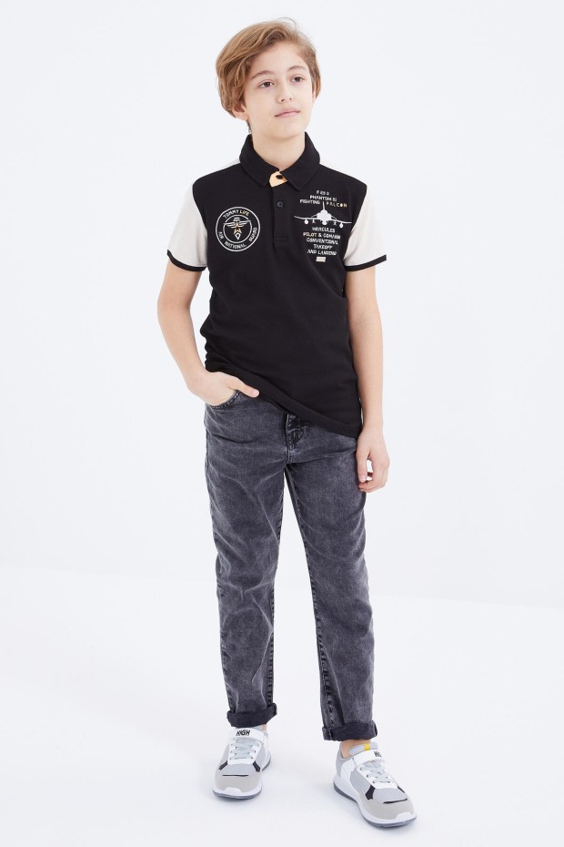 Siyah Nakış Detaylı Kısa Kollu Polo Yaka Erkek Çocuk T-Shirt - 10906 - 4