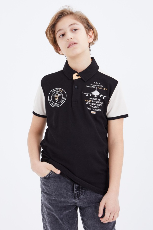 Siyah Nakış Detaylı Kısa Kollu Polo Yaka Erkek Çocuk T-Shirt - 10906 - 5