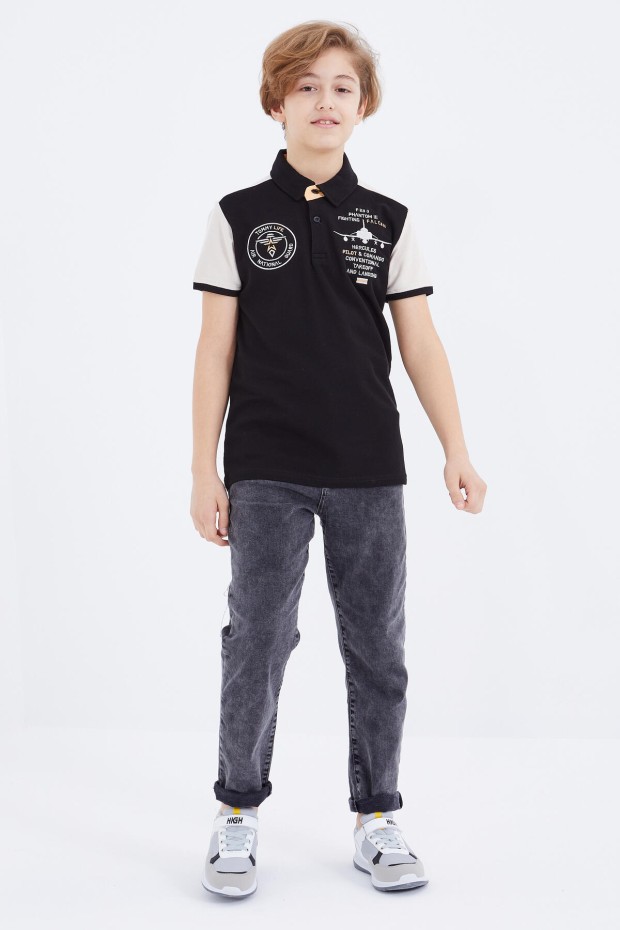 Siyah Nakış Detaylı Kısa Kollu Polo Yaka Erkek Çocuk T-Shirt - 10906 - 6