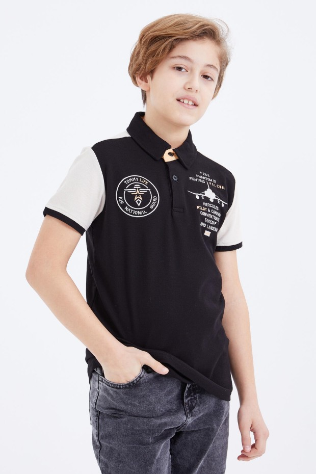 Siyah Nakış Detaylı Kısa Kollu Polo Yaka Erkek Çocuk T-Shirt - 10906