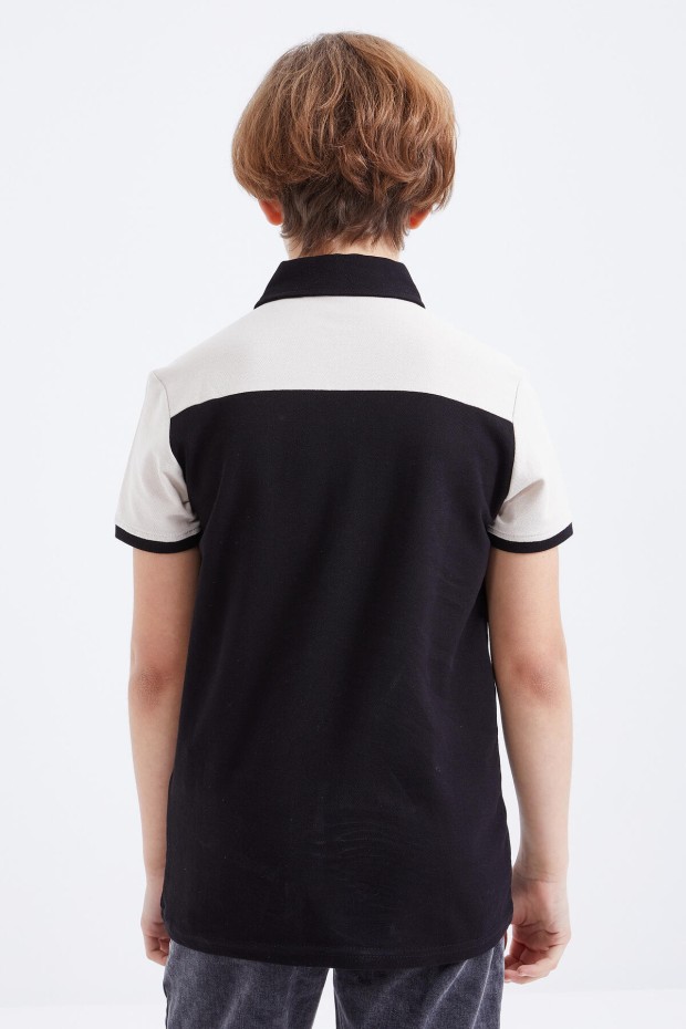 Siyah Nakış Detaylı Kısa Kollu Polo Yaka Erkek Çocuk T-Shirt - 10906