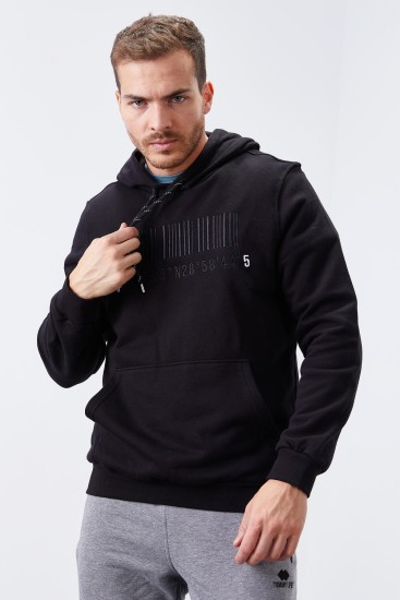 Siyah Nakışlı Kanguru Cep Standart Kalıp Kapüşonlu Erkek Sweatshirt - 87839 