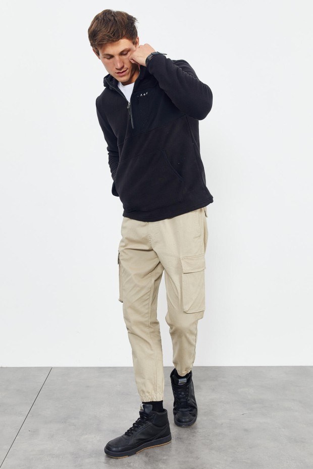 Siyah Nakışlı Yarım Fermuar Kapüşonlu Standart Kalıp Erkek Polar Sweatshirt - 87996 - 2