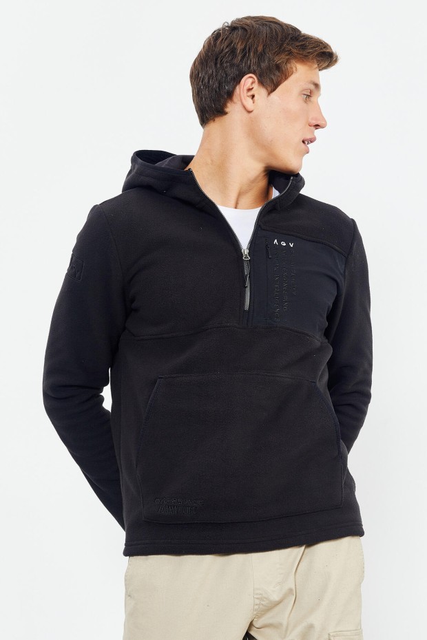 Siyah Nakışlı Yarım Fermuar Kapüşonlu Standart Kalıp Erkek Polar Sweatshirt - 87996 - 5