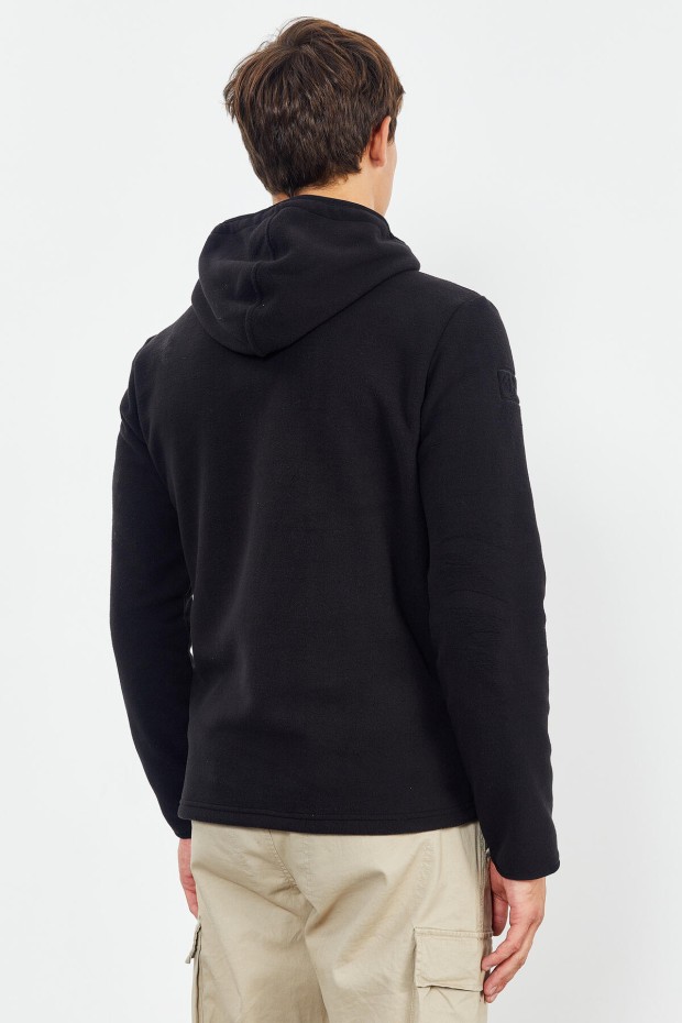 Siyah Nakışlı Yarım Fermuar Kapüşonlu Standart Kalıp Erkek Polar Sweatshirt - 87996 - 7