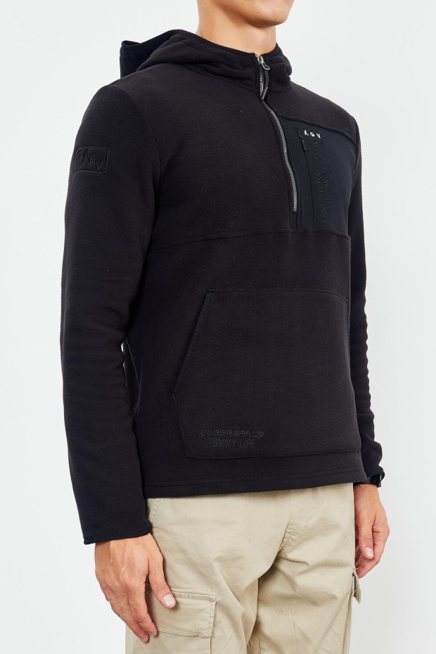 Siyah Nakışlı Yarım Fermuar Kapüşonlu Standart Kalıp Erkek Polar Sweatshirt - 87996 - 8