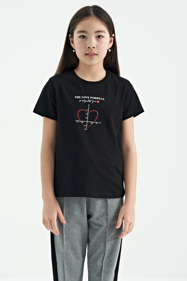 Siyah O Yaka Baskı Detaylı Rahat Kalıp Kız Çocuk T-Shirt - 75129