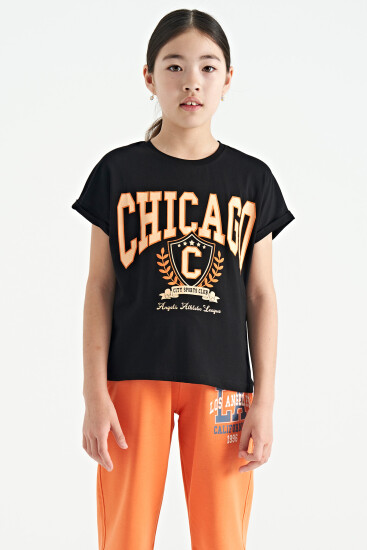Siyah O Yaka Düşük Omuzlu Rahat Form Kısa Kollu Kız Çocuk T-Shirt - 75128 