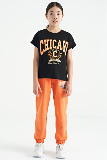 Siyah O Yaka Düşük Omuzlu Rahat Form Kısa Kollu Kız Çocuk T-Shirt - 75128 - TOMMYLIFE (1)