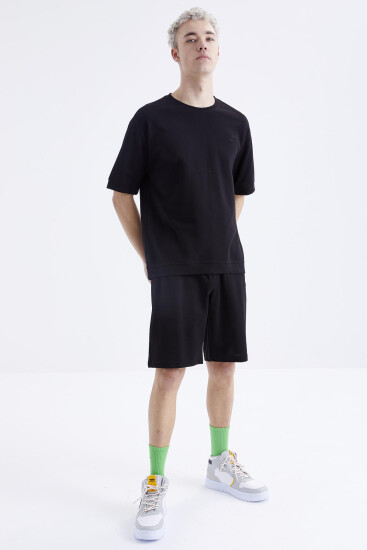 Siyah O Yaka Oversize Bermuda Erkek Şort Takım - 85164 