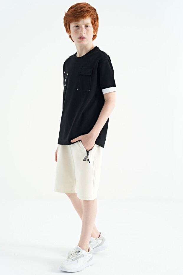 Siyah O Yaka Oversize Cep Detaylı Erkek Çocuk T-Shirt - 11152