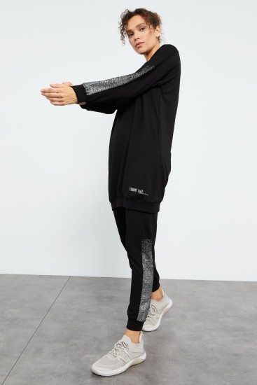 Siyah O Yaka Sim Detaylı Rahat Form Jogger Kadın Eşofman Tunik Takım - 03483 