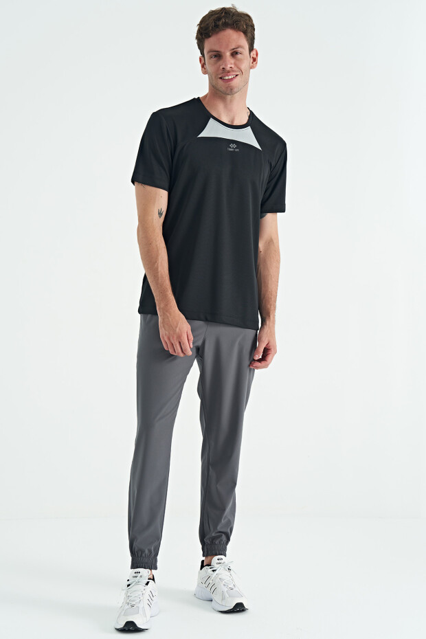 Siyah O Yaka Standart Kalıp Garni Detaylı Aktif Spor Erkek T-Shirt - 88253