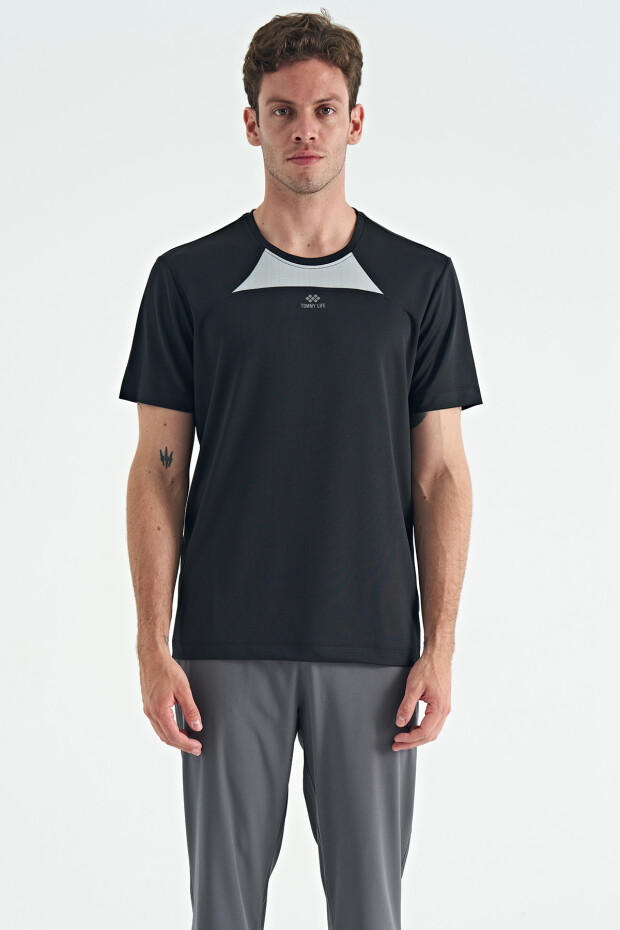Siyah O Yaka Standart Kalıp Garni Detaylı Aktif Spor Erkek T-Shirt - 88253