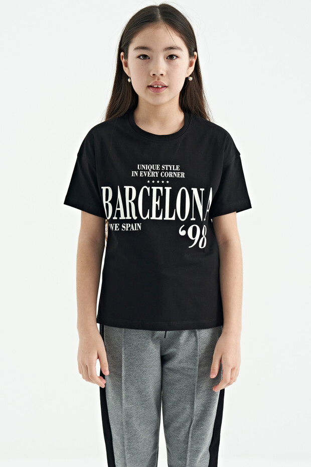 Siyah O Yaka Yazı Baskılı Düşük Omuz Oversize Kız Çocuk T-Shirt - 75115