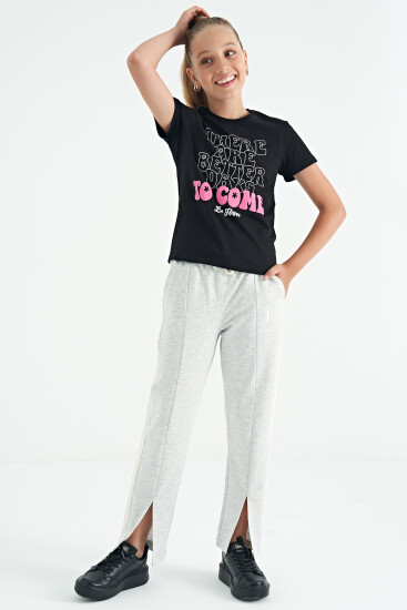Siyah O Yaka Yazı Baskılı Rahat Form Kısa Kollu Cropped Kız Çocuk T-Shirt - 75118 