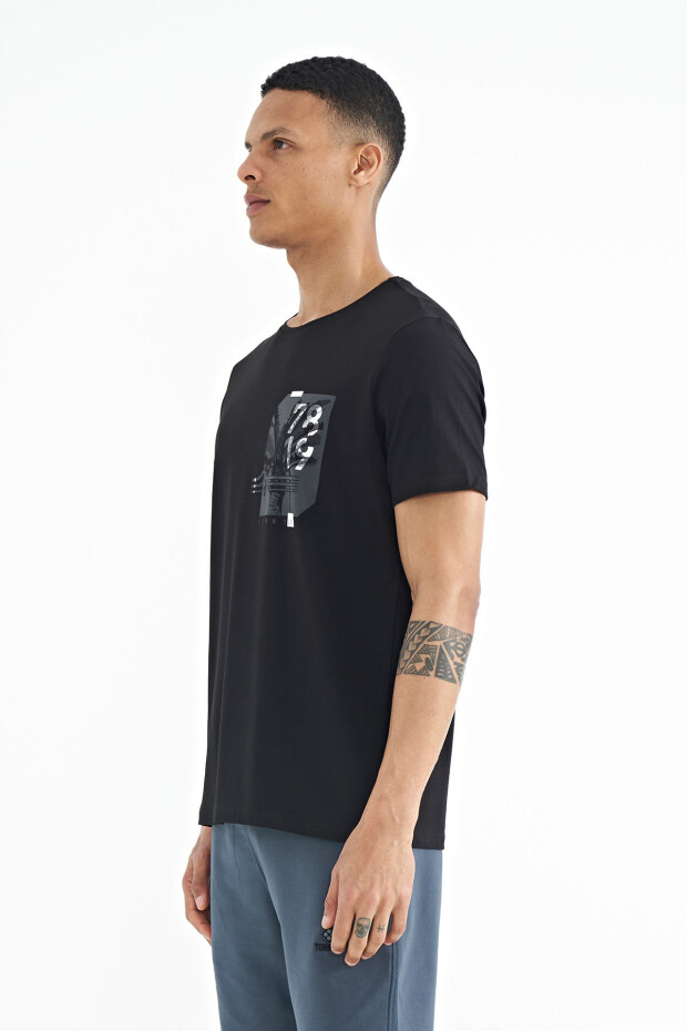 Siyah Ön Arka Baskı Detaylı Standart Form Erkek T-shirt - 88233