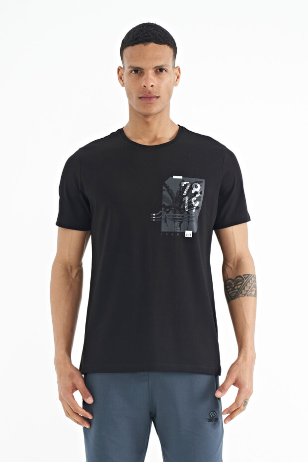 Siyah Ön Arka Baskı Detaylı Standart Form Erkek T-shirt - 88233