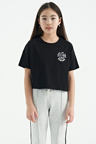 Siyah Ön Arka Baskılı O Yaka Düşük Omuz Oversize Kısa Kollu Kız Çocuk T-Shirt - 75126 