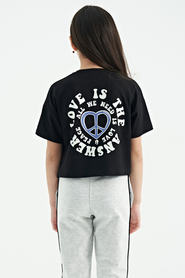 Siyah Ön Arka Baskılı O Yaka Düşük Omuz Oversize Kısa Kollu Kız Çocuk T-Shirt - 75126