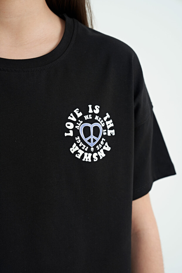 Siyah Ön Arka Baskılı O Yaka Düşük Omuz Oversize Kısa Kollu Kız Çocuk T-Shirt - 75126