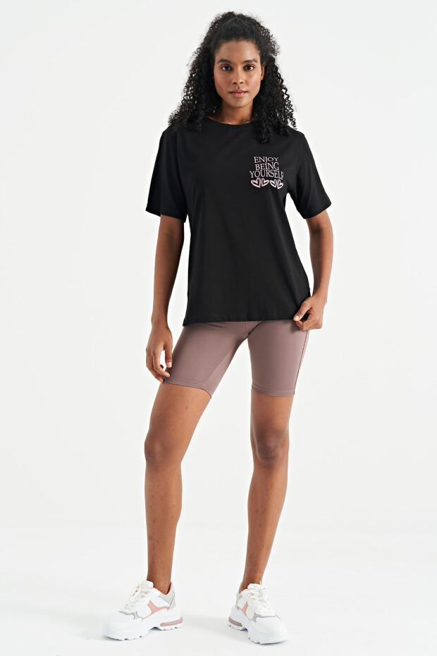 Siyah Ön Arka Baskılı O Yaka Kol Kesikli Oversize Kadın T-Shirt - 02267