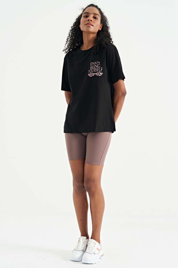 Siyah Ön Arka Baskılı O Yaka Kol Kesikli Oversize Kadın T-Shirt - 02267