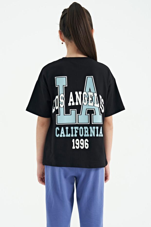 Siyah Ön Arka Baskılı O Yaka Oversize Kısa Kollu Kız Çocuk T-Shirt - 75127