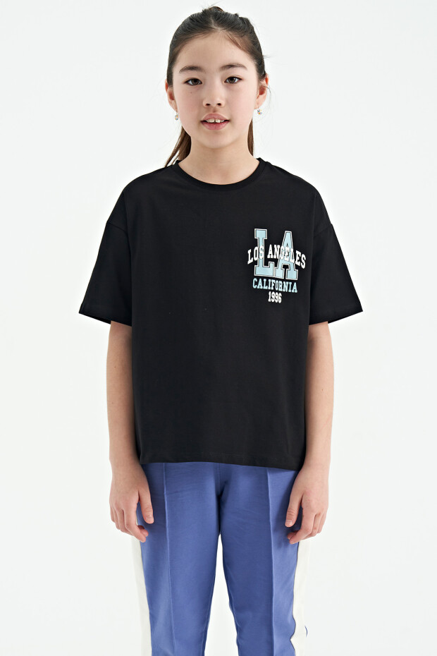 Siyah Ön Arka Baskılı O Yaka Oversize Kısa Kollu Kız Çocuk T-Shirt - 75127