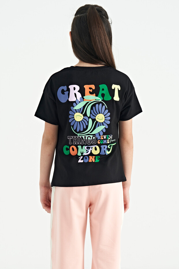 Siyah Ön Arka Çok Renkli Baskılı Oversize Kısa Kollu Kız Çocuk T-Shirt - 75117
