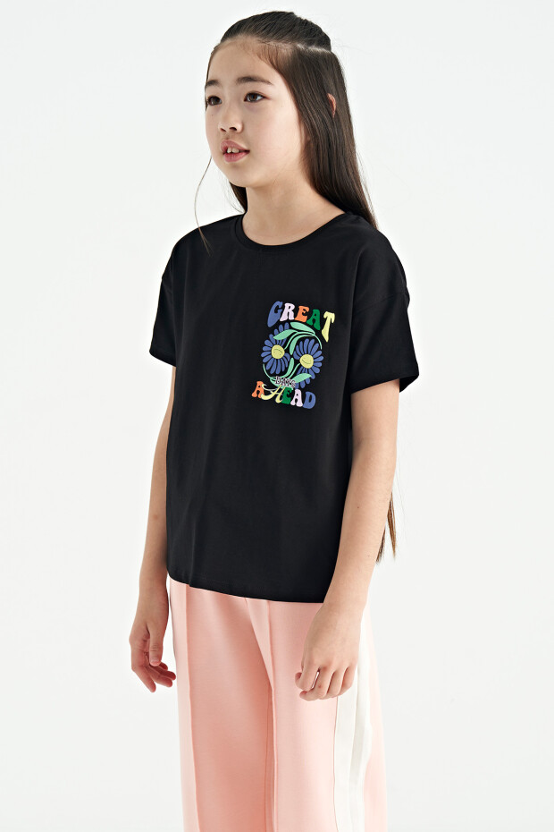 Siyah Ön Arka Çok Renkli Baskılı Oversize Kısa Kollu Kız Çocuk T-Shirt - 75117