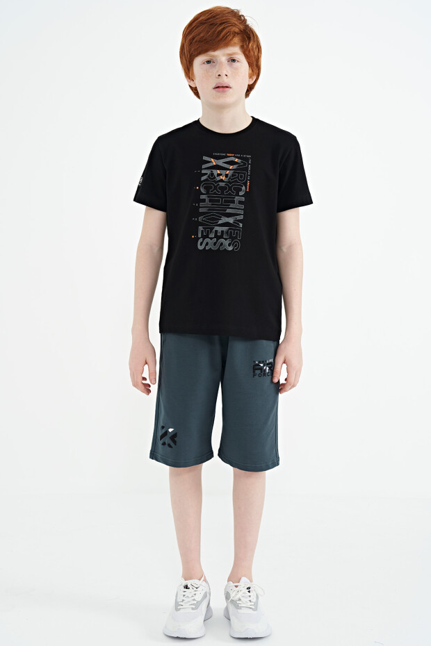 Siyah Ön Baskı Detaylı O Yaka Standart Kalıp Erkek Çocuk T-Shirt - 11099
