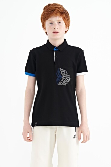 Siyah Ön Cep Detaylı Baskılı Standart Kalıp Polo Yaka Erkek Çocuk T-Shirt - 11102 