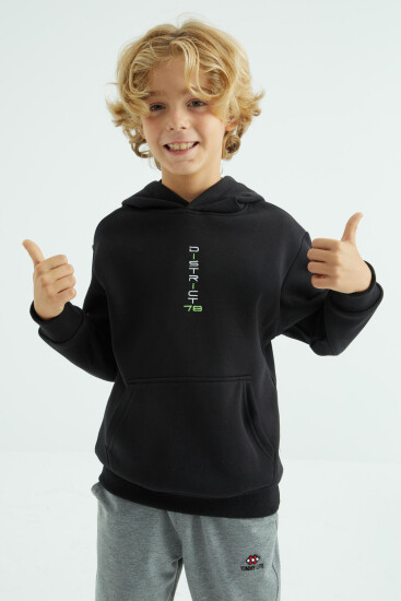 Siyah Ön Ve Kapüşon Yazı Detaylı Standart Kalıp Erkek Çocuk Sweatshirt - 11037 