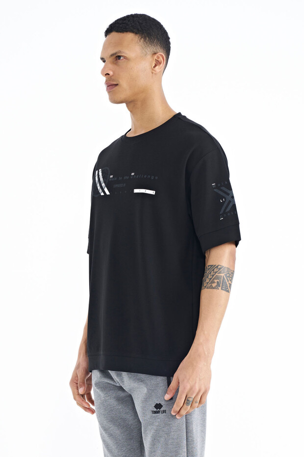 Siyah Ön ve Kol Baskı Detaylı O Yaka Oversize Erkek T-shirt - 88180