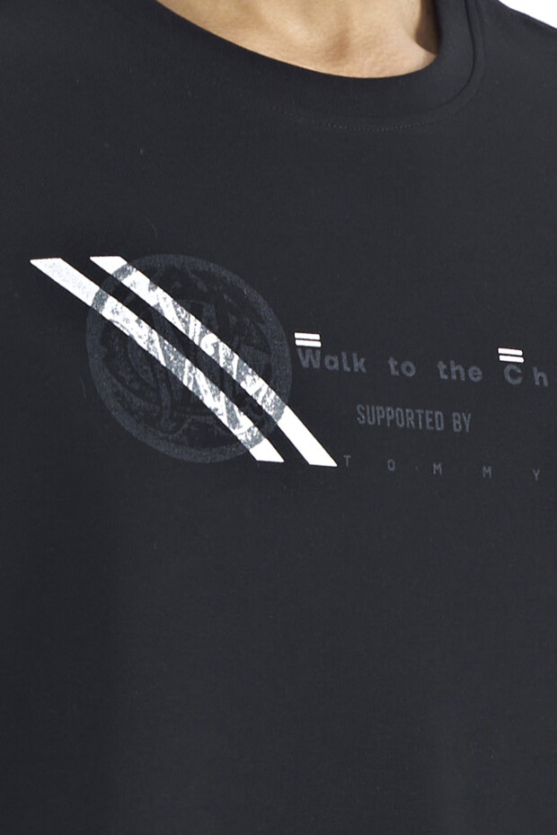 Siyah Ön ve Kol Baskı Detaylı O Yaka Oversize Erkek T-shirt - 88180
