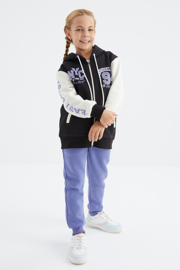 Siyah Baskılı Fermuarlı Kapüşonlu Oversize Kız Çocuk Sweatshirt - 75094