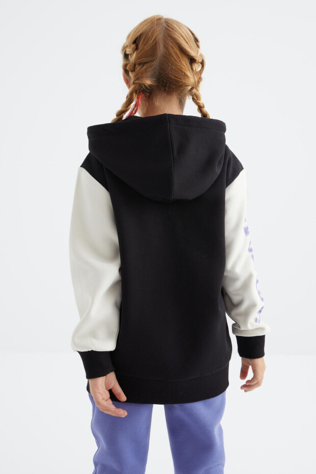 Siyah Baskılı Fermuarlı Kapüşonlu Oversize Kız Çocuk Sweatshirt - 75094