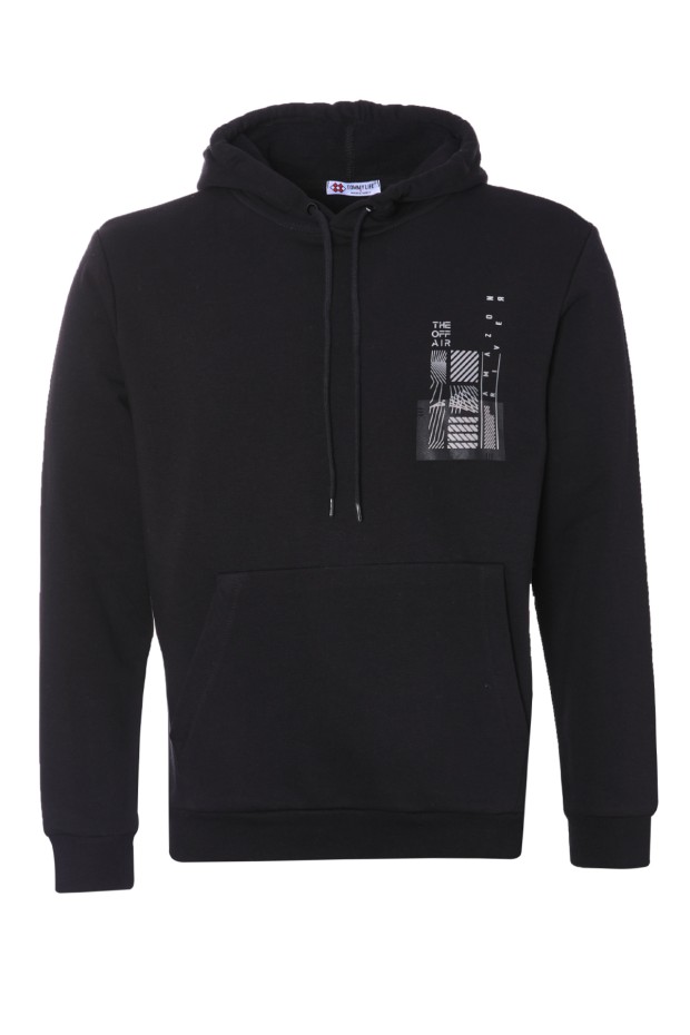 Siyah Ön ve Sırt Baskılı Kapüşonlu Rahat Form Erkek Sweatshirt - 88017
