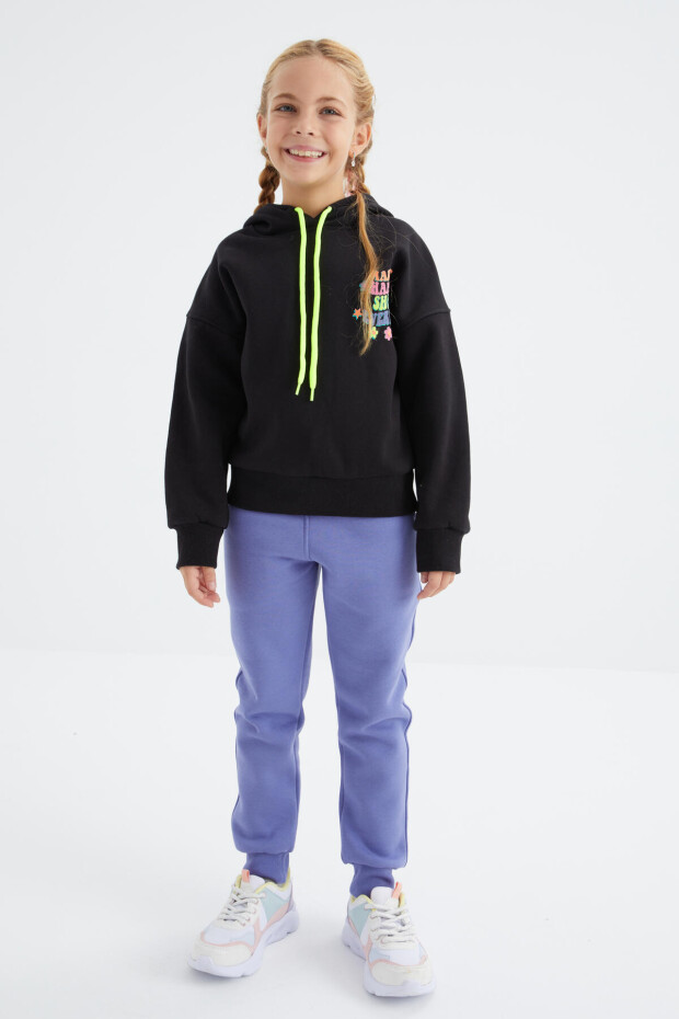 Siyah Ön Ve Sırt Yazı Baskılı Kapüşonlu Oversize Kız Çocuk Sweatshirt - 75092