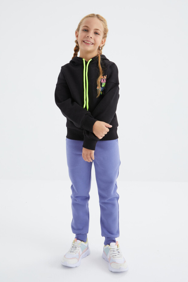 Siyah Ön Ve Sırt Yazı Baskılı Kapüşonlu Oversize Kız Çocuk Sweatshirt - 75092