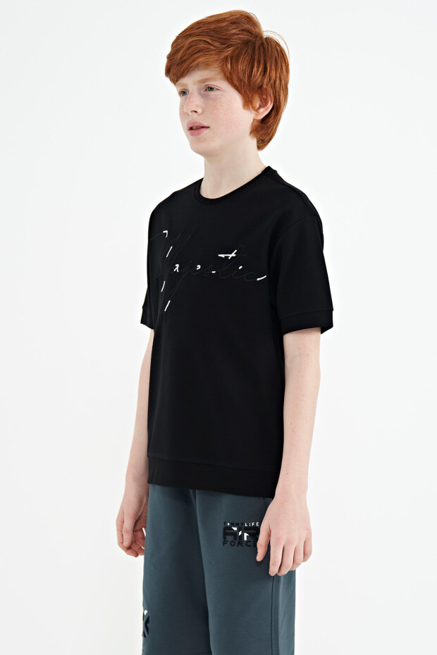 Siyah Ön Yazı Nakışlı O Yaka Oversize Erkek Çocuk T-Shirt - 11147