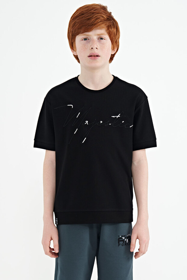 Siyah Ön Yazı Nakışlı O Yaka Oversize Erkek Çocuk T-Shirt - 11147