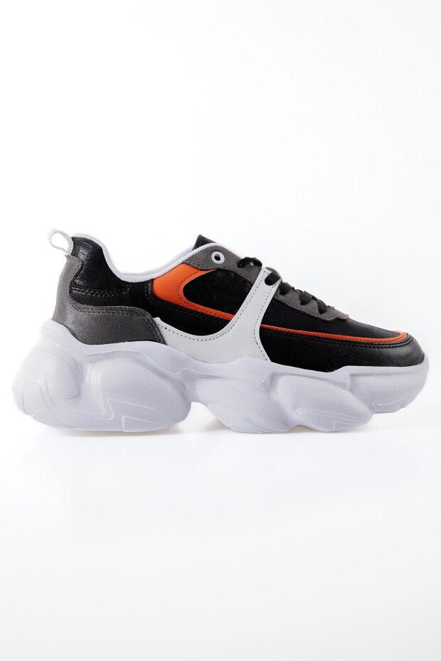 Siyah - Oranj Yüksek Tabanlı Bağcıklı Renk Geçişli Suni Deri Kadın Spor Ayakkabı - 89206