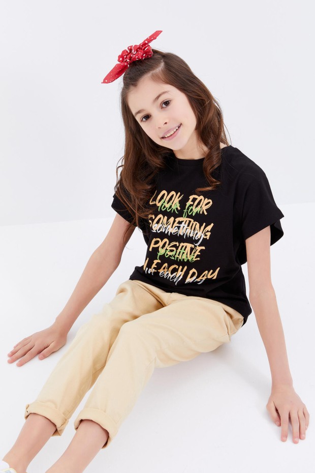 Siyah Oversize Renkli Yazı Baskılı O Yaka Kız Çocuk T-Shirt - 75029