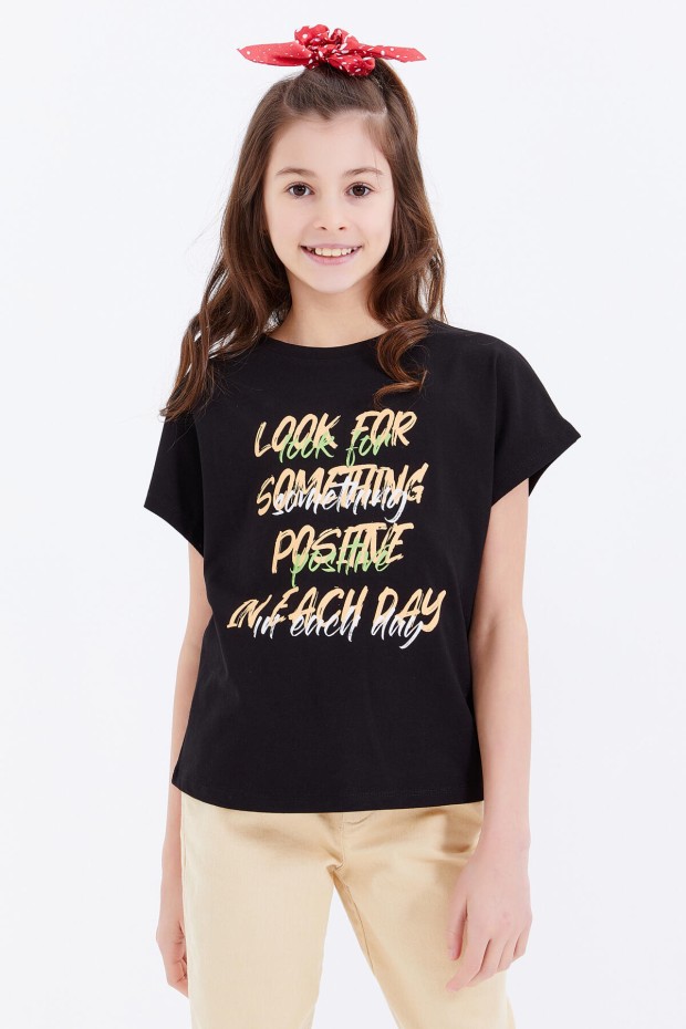 Siyah Oversize Renkli Yazı Baskılı O Yaka Kız Çocuk T-Shirt - 75029