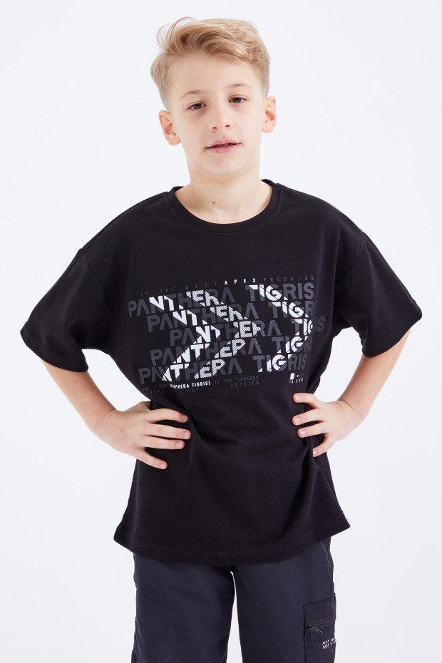 Siyah Oversize Yazı Baskılı Kısa Kollu O Yaka Erkek Çocuk T-Shirt - 10930