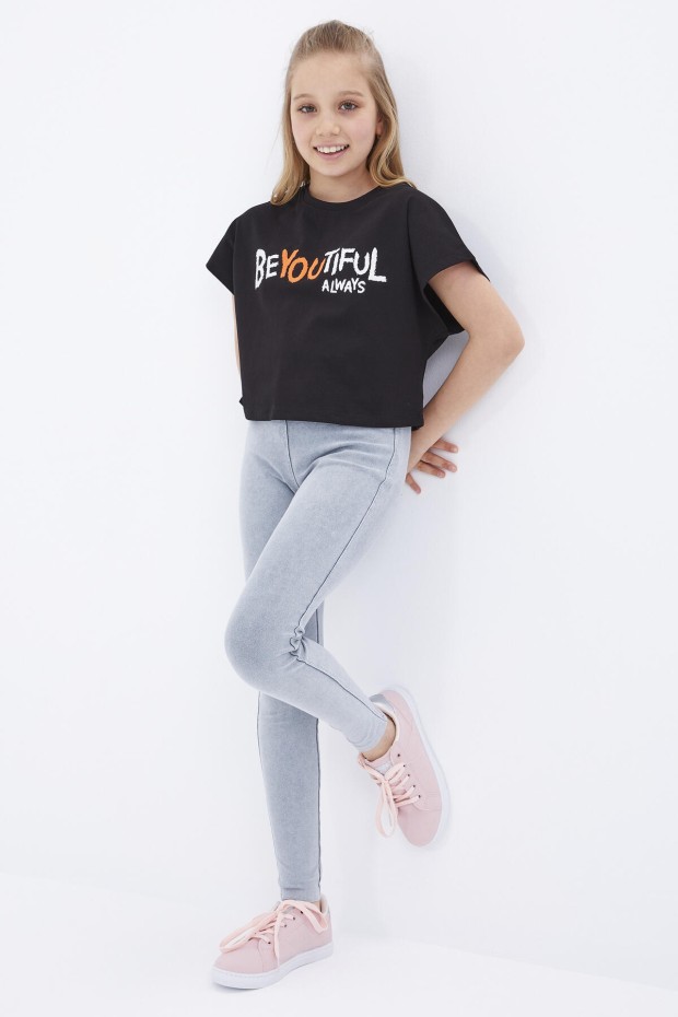 Siyah Oversize Yazı Baskılı O Yaka Kız Çocuk Crop T-Shirt - 75035