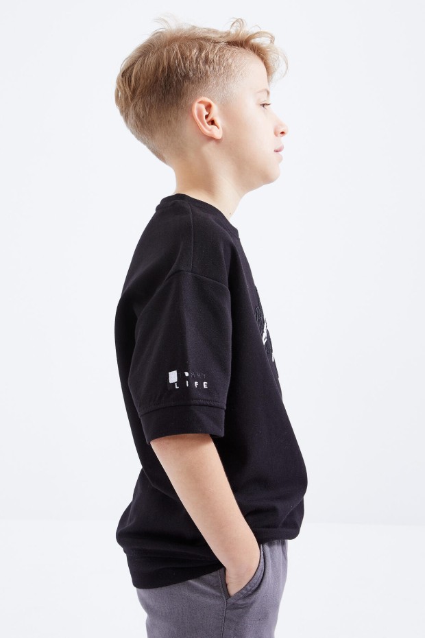 Siyah Oversize Yazı Nakışlı Kısa Kollu O Yaka Erkek Çocuk T-Shirt - 10898