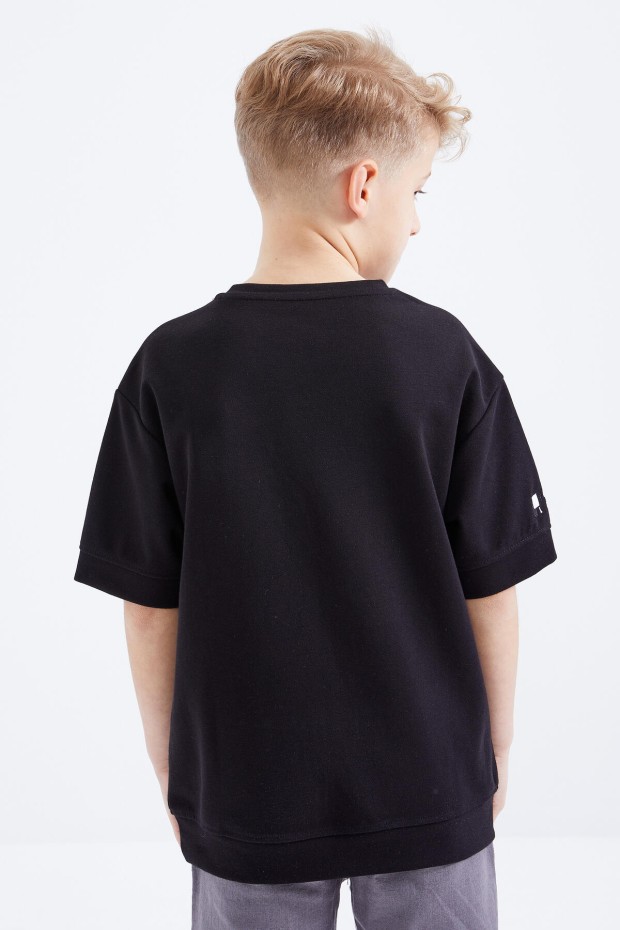 Siyah Oversize Yazı Nakışlı Kısa Kollu O Yaka Erkek Çocuk T-Shirt - 10898